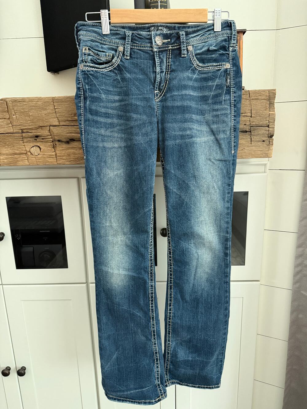 Silver Jeans Suki Mid Slim Bootcut Womens Fluid Denim Thick Stitch Medium Wash